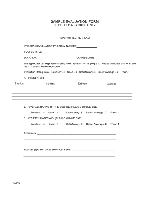 Sample Evaluation Form To Be Used As A Guide Only Printable pdf