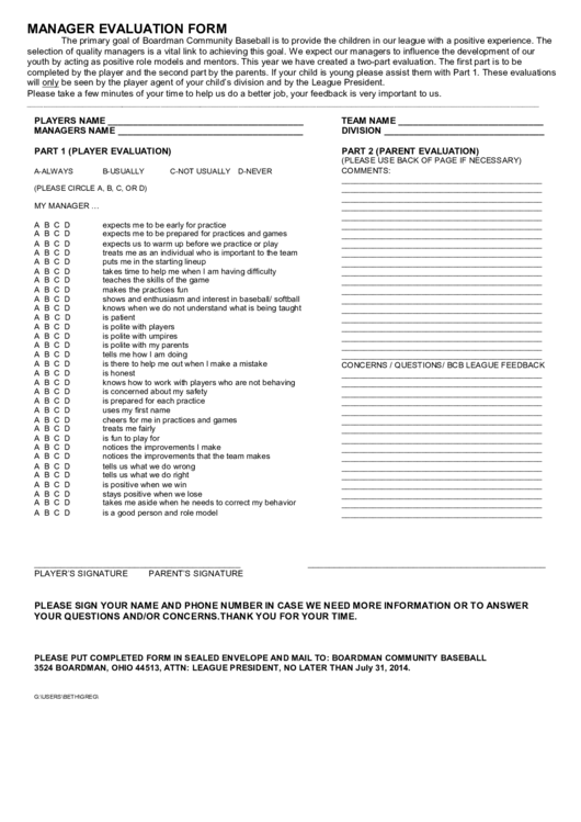 Manager Evaluation Form Printable pdf