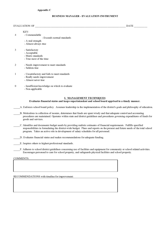 Business Manager - Evaluation Instrument Printable pdf