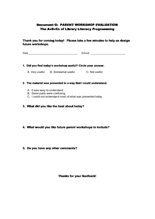 Parent Workshop Evaluation Printable pdf