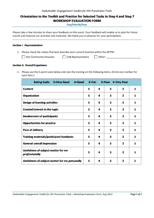 Orientation To The Toolkit Workshop Evaluation Form Printable pdf