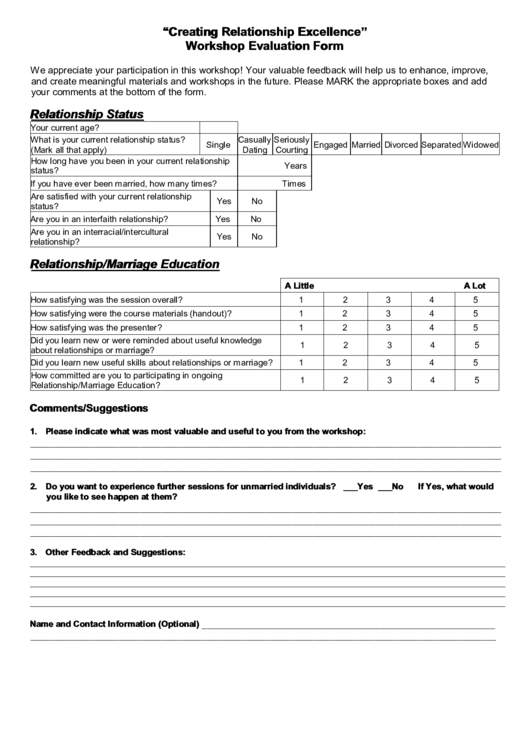 Creating Relationship Excellence Workshop Evaluation Form Printable pdf