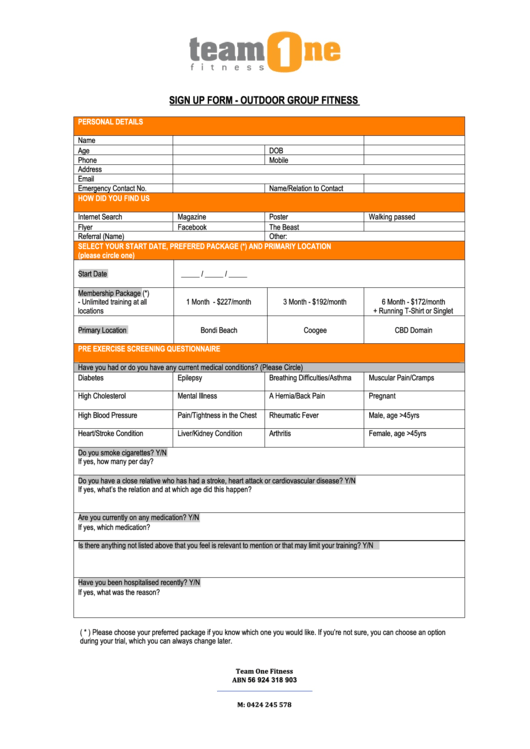 Outdoor Group Fitness Sign Up Form Printable pdf