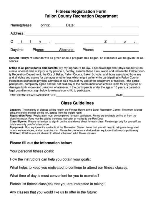 Fillable Fitness Registration Form - Fallon County Recreation Department Printable pdf