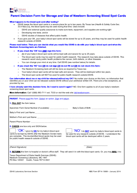 Parent Decision Form For Storage And Use Of Newborn Screening Blood Spot Cards Printable pdf