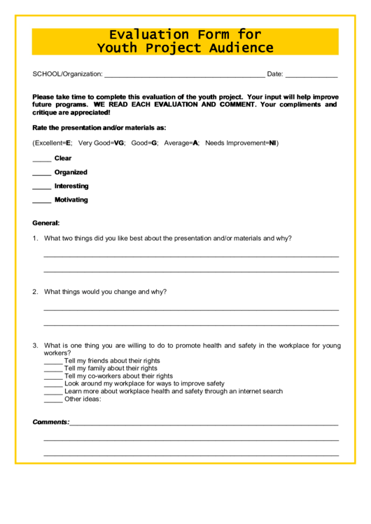 Evaluation Form For Youth Project Audience Printable pdf