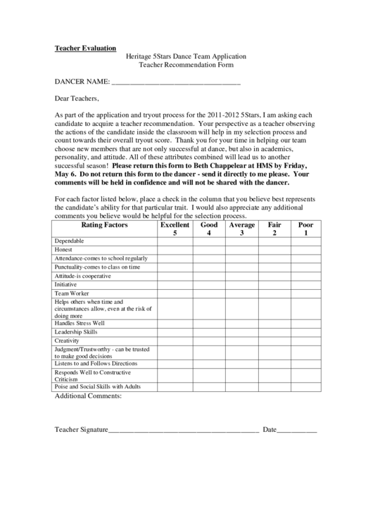 Heritage 5stars Dance Team Application Teacher Recommendation Form Printable pdf