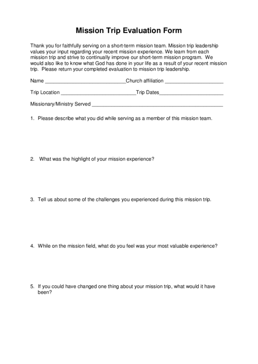 Mission Trip Evaluation Form Printable pdf