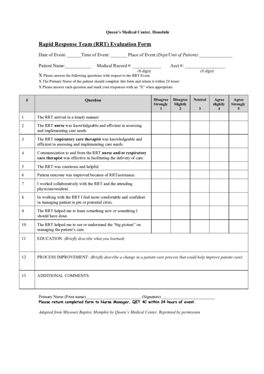 Rapid Response Team (Rrt) Evaluation Form Printable pdf