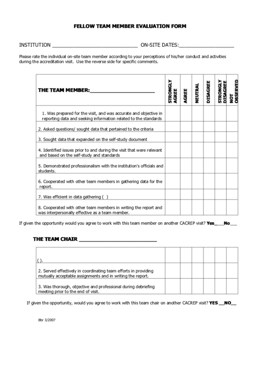 Fellow Team Member Evaluation Form Printable pdf