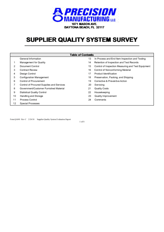 Supplier Quality System Survey Printable pdf