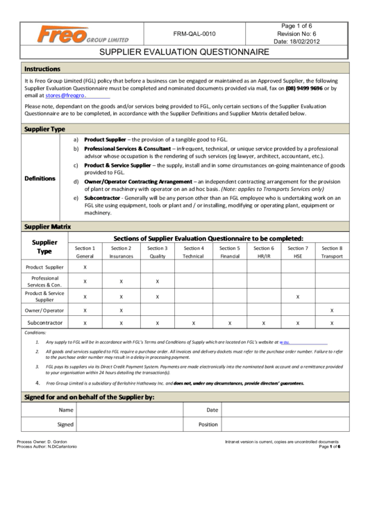 Fillable Supplier Evaluation Questionnaire Printable pdf