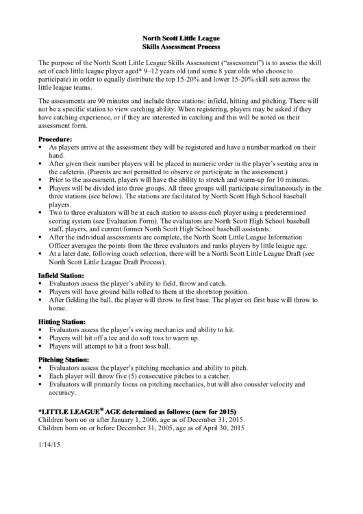 North Scott Little League Skills Assessment Process Printable pdf