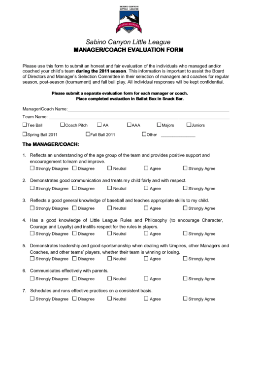Manager/coach Evaluation Form Printable pdf