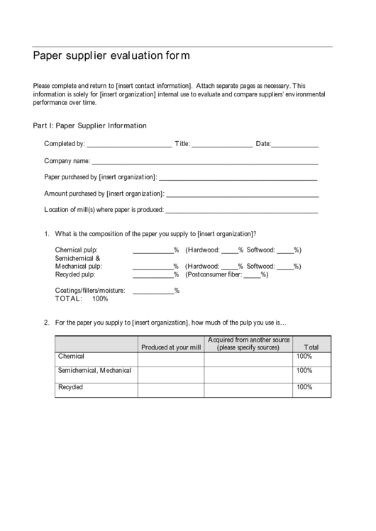 Paper Supplier Evaluation Form Printable pdf