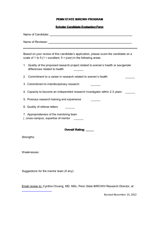 Scholar Candidate Evaluation Form Printable pdf