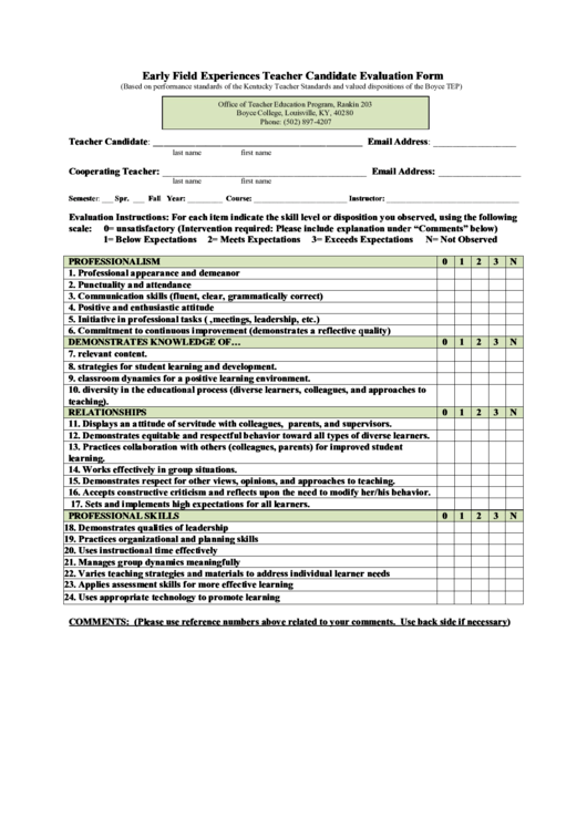 Early Field Experiences Teacher Candidate Evaluation Form