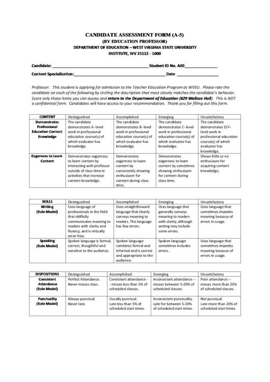 Candidate Assessment Form (A-5) Printable pdf
