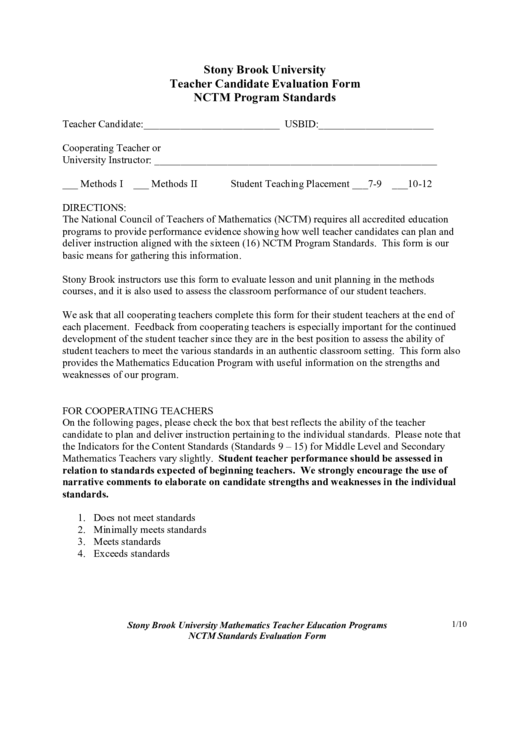 Stony Brook University Teacher Candidate Evaluation Form