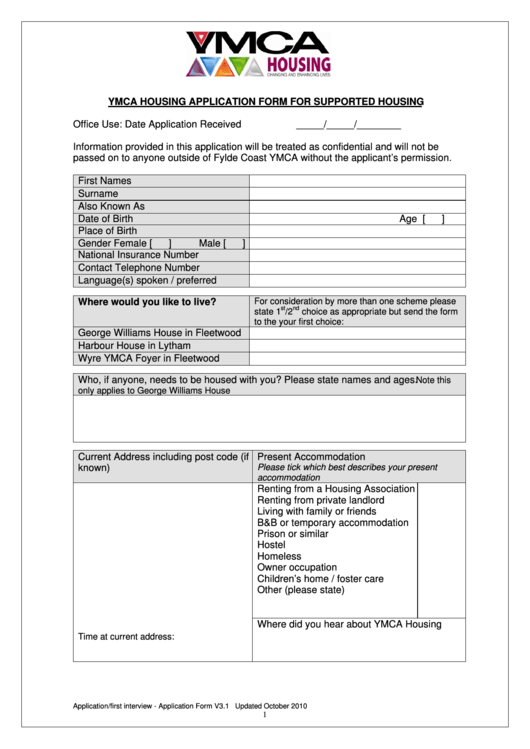 Ymca Housing Application Form For Supported Housing Printable pdf