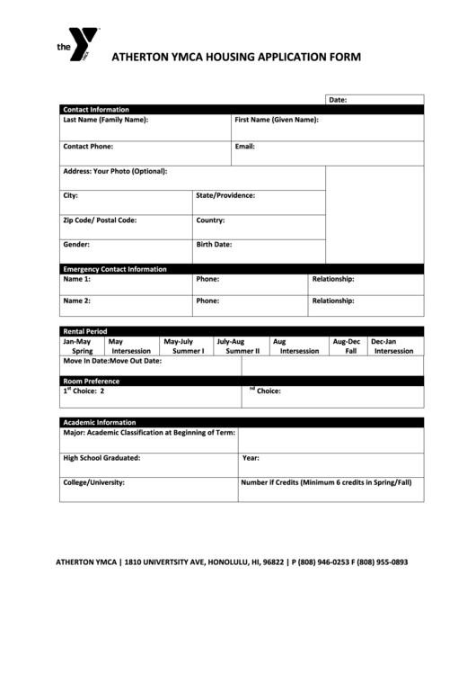Fillable Atherton Ymca Housing Application Form Printable pdf