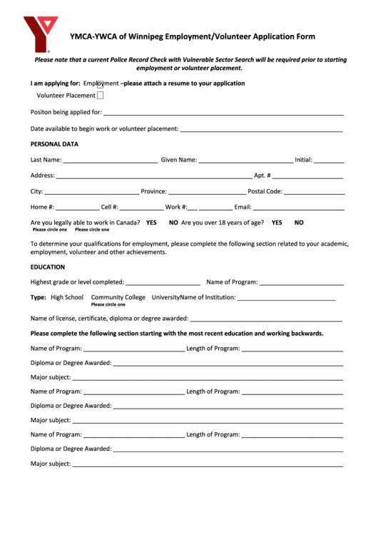 Winnipeg Employment/volunteer Application Form Printable pdf