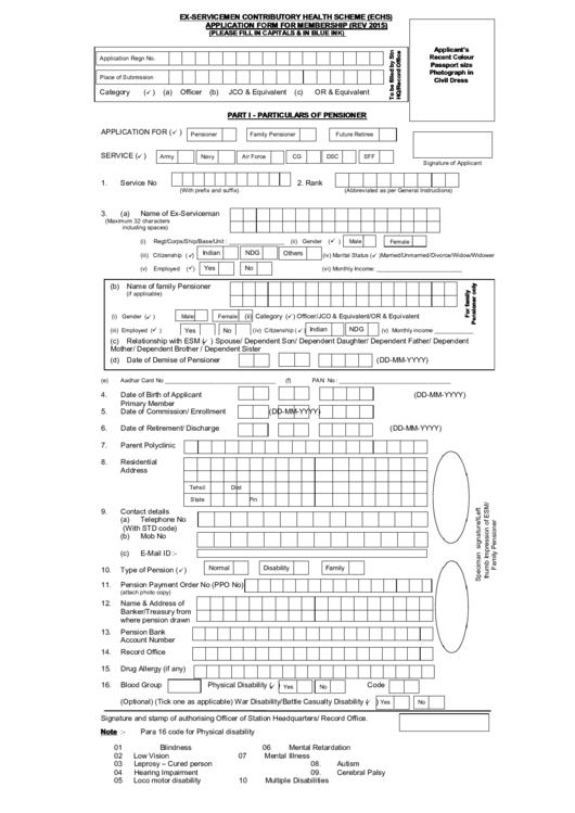 Ex-Servicemen Contributory Health Scheme (Echs) Application Form For Membership (Rev 2015) Printable pdf