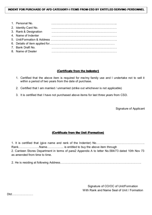 Indent For Purchase Of Afd Category-I Items From Csd By Entitled Serving Personnel Printable pdf