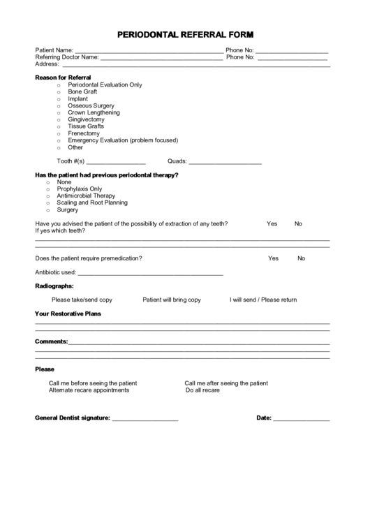 Fillable Periodontal Referral Form Printable pdf