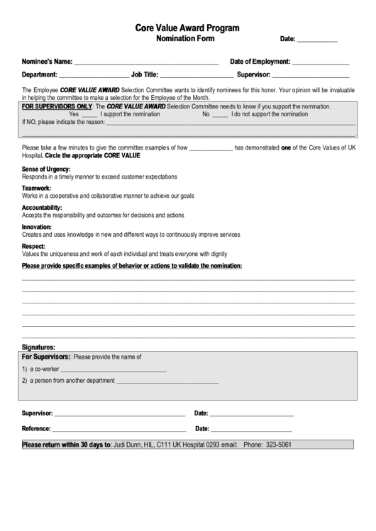 Core Value Award Program Nomination Form Printable pdf