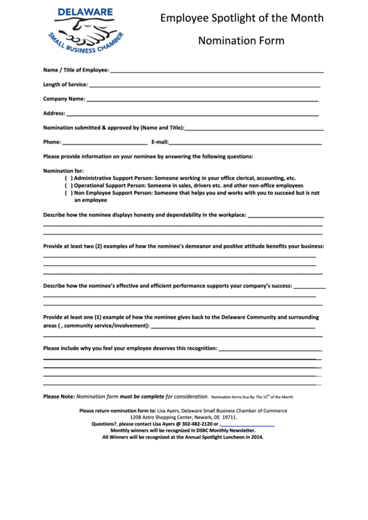 Sample Employee Spotlight Of The Month Nomination Form Printable pdf