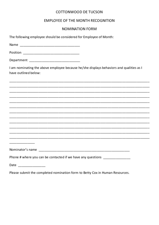 Employee Of The Month Recognition Nomination Form printable pdf download