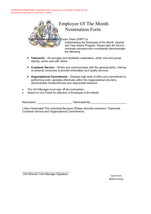 Fillable Employee Of The Month Nomination Form Printable pdf