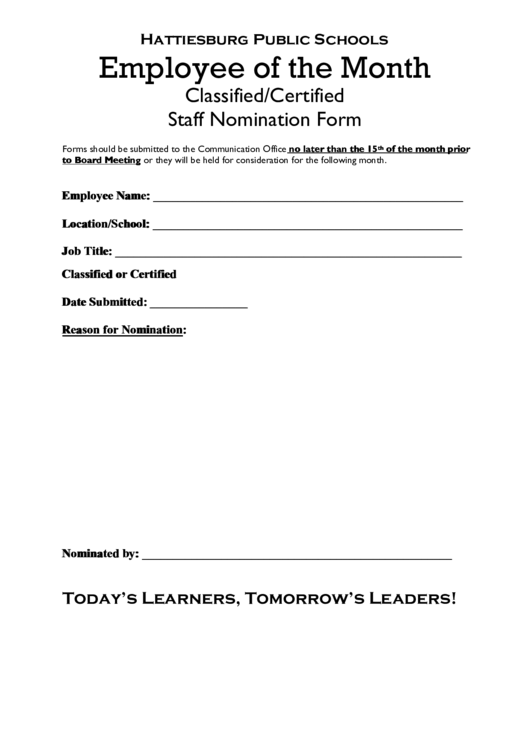 Employee Of The Month Classified/certified Staff Nomination Form Printable pdf