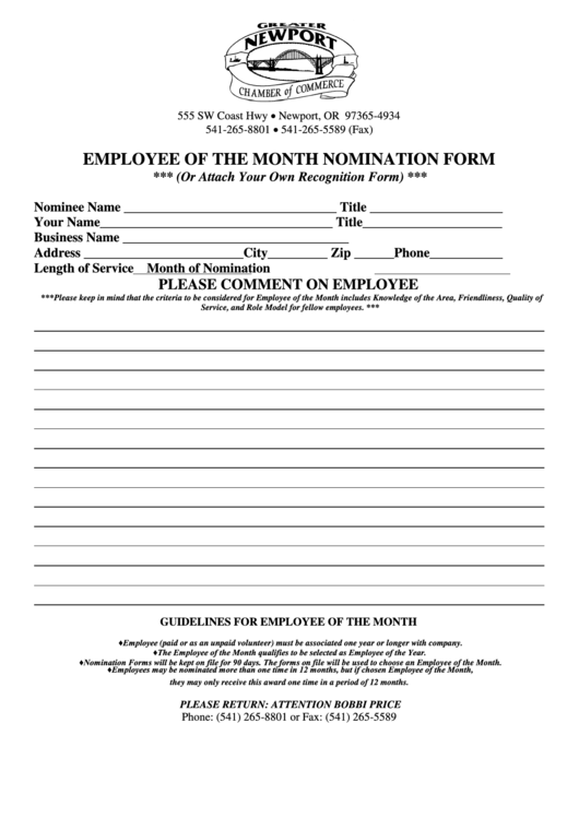 Fillable Sample Employee Of The Month Nomination Form printable pdf download