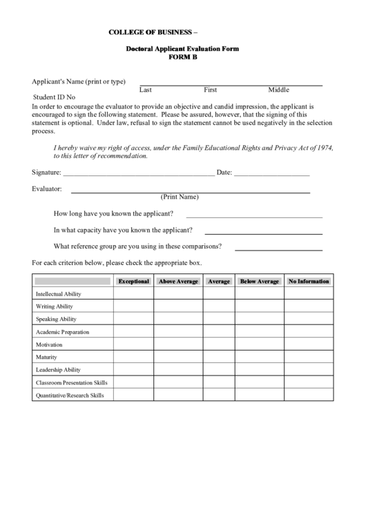 Fillable Doctoral Applicant Evaluation Form Printable pdf