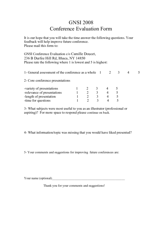 Gnsi 2008 Conference Evaluation Form Printable pdf