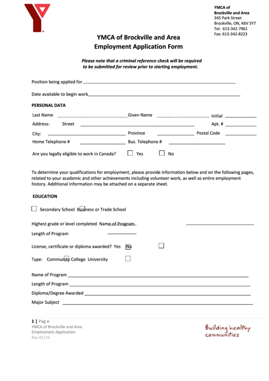 Fillable Ymca Of Brockville And Area - Employment Application Form Printable pdf