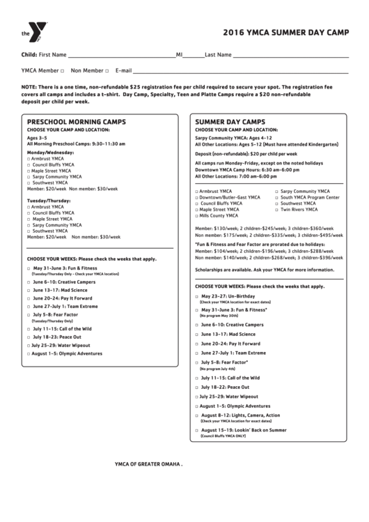 Ymca Summer Day Camp Form - 2016 Printable pdf