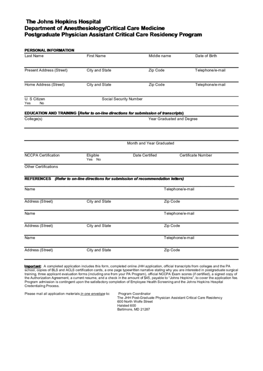 Postgraduate Physician Assistant Critical Care Residency Program Application Form Printable pdf