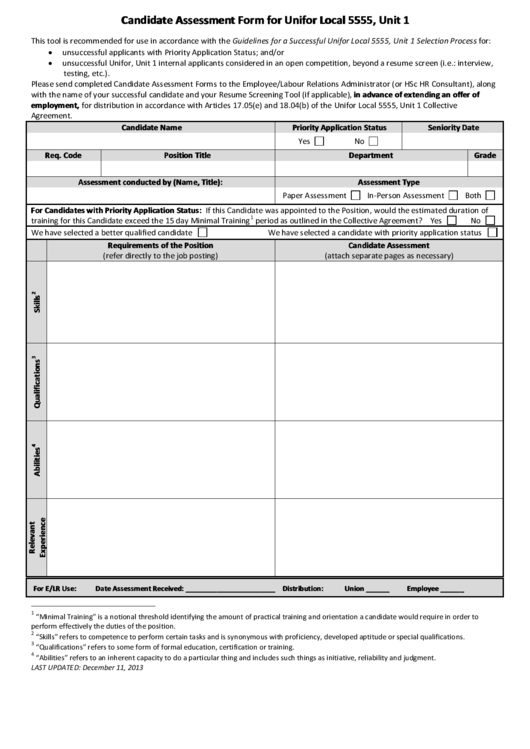 Candidate Assessment Form For Unifor Local 5555, Unit 1 Printable pdf
