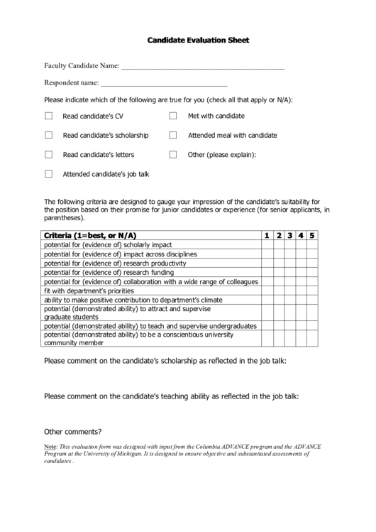 Candidate Evaluation Sheet Printable pdf