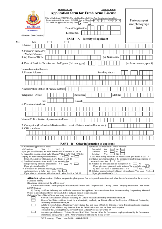Form No. F-A-01 - Application Form For Fresh Arms License (India) Printable pdf