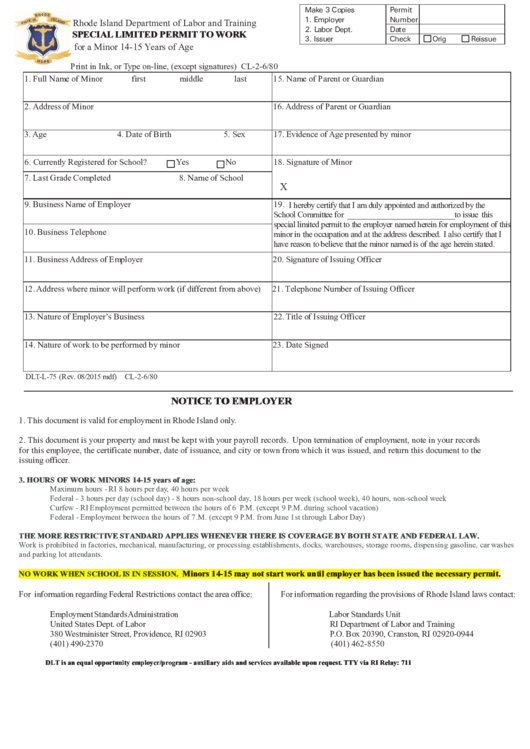 Fillable Special Limited Permit To Work - Rhode Island Department Of Labor And Training Printable pdf