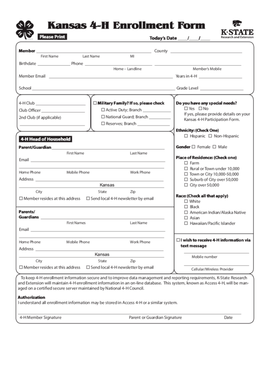 Fillable Kansas 4-H Enrollment Form Printable pdf