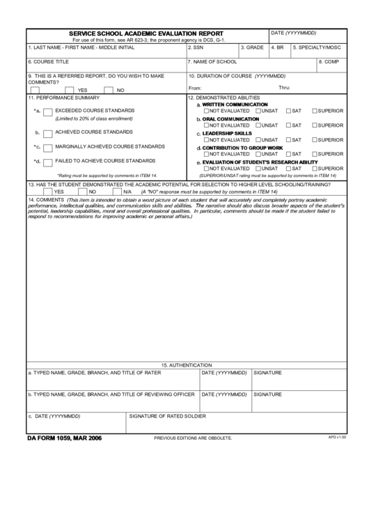 Da Form 1059 - Service School Academic Evaluation Form Printable pdf