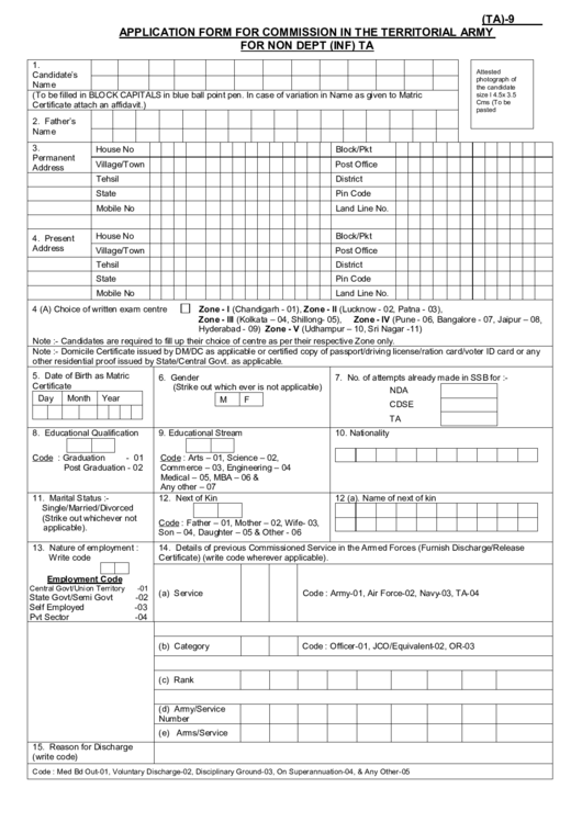 Form I.a.f (Ta)-9 - Application Form For Commission In The Territorial Army For Non Dept (Inf) Ta Printable pdf