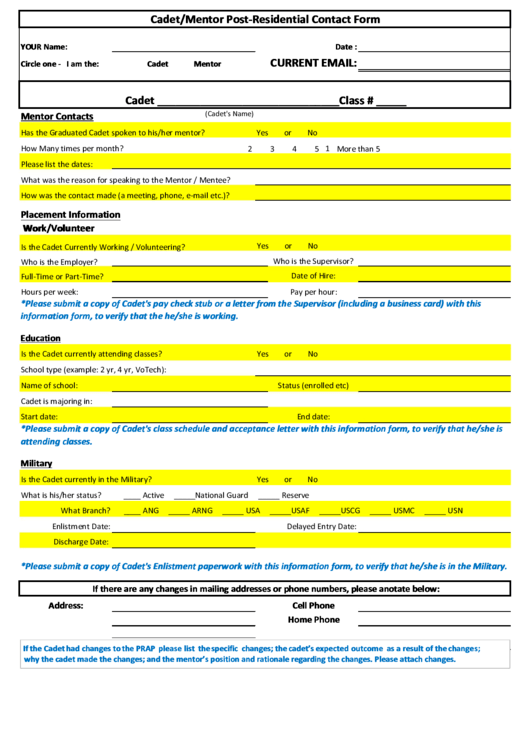 Fillable Cadet/mentor Post-Residential Contact Form Printable pdf