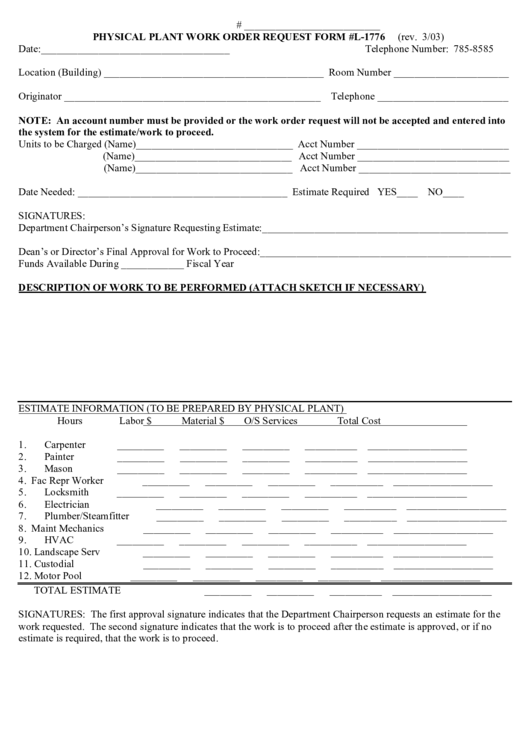 Fillable Physical Plant Work Order Request Form Printable pdf