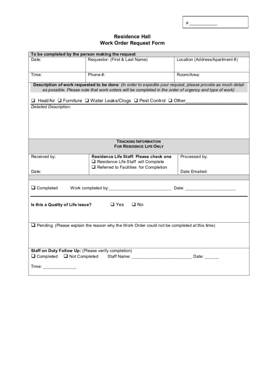 Residence Hall Work Order Request Form Printable pdf